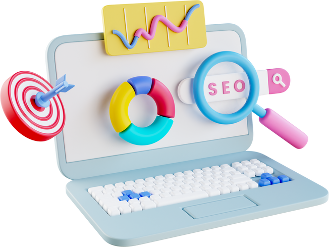 3D SEO Optimization, web analytics and seo marketing social media concept. SEO interface for website strategy and research planing, search engine traffic. 3D rendering